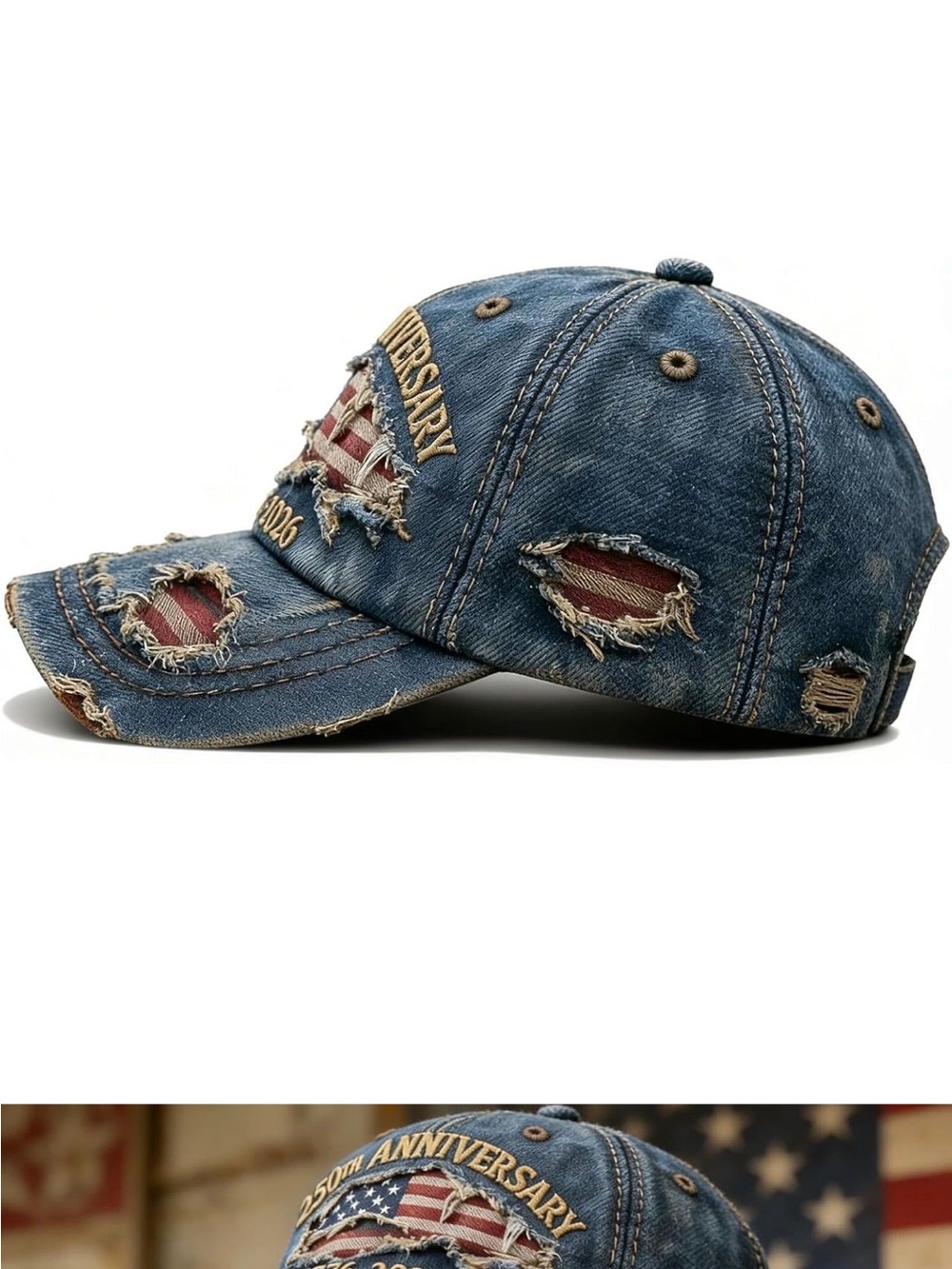 USA 250th Anniversary 1776-2026 Distressed Denim Baseball Cap Mens Blue Hat - Picture 8 of 9
